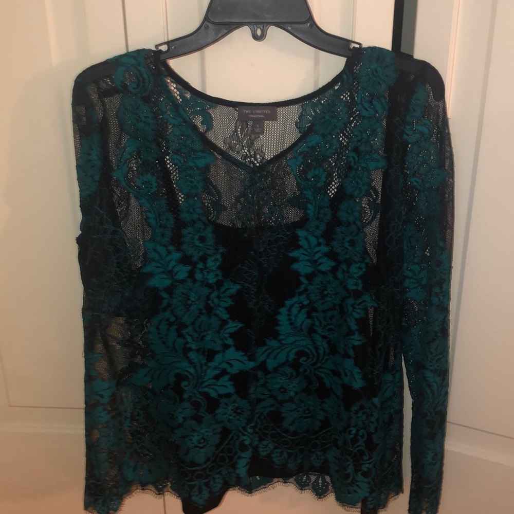 Lace teal top with built in black camisole
